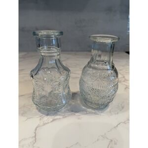 Vintage Pressed Glass Bud Vases Set of 2 Clear Aqua Floral Diamond Pattern 5"